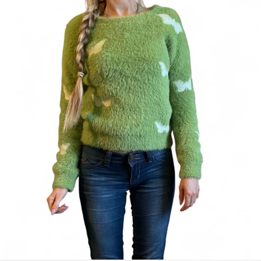 Whimsy fairycore Y2K fuzzy pullover sweatshirt size Med green white butterflies